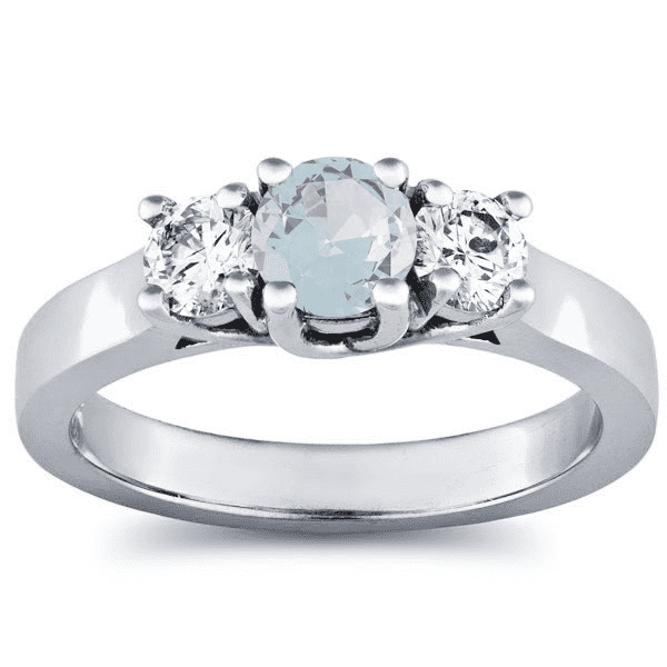 7/8 Carat Diamond - Aquamarine Three Stone Ring in 10k Gold