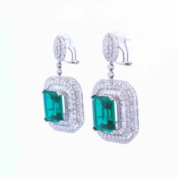 16 1/2 Carat Lab Emerald Earrings in 18K White Gold