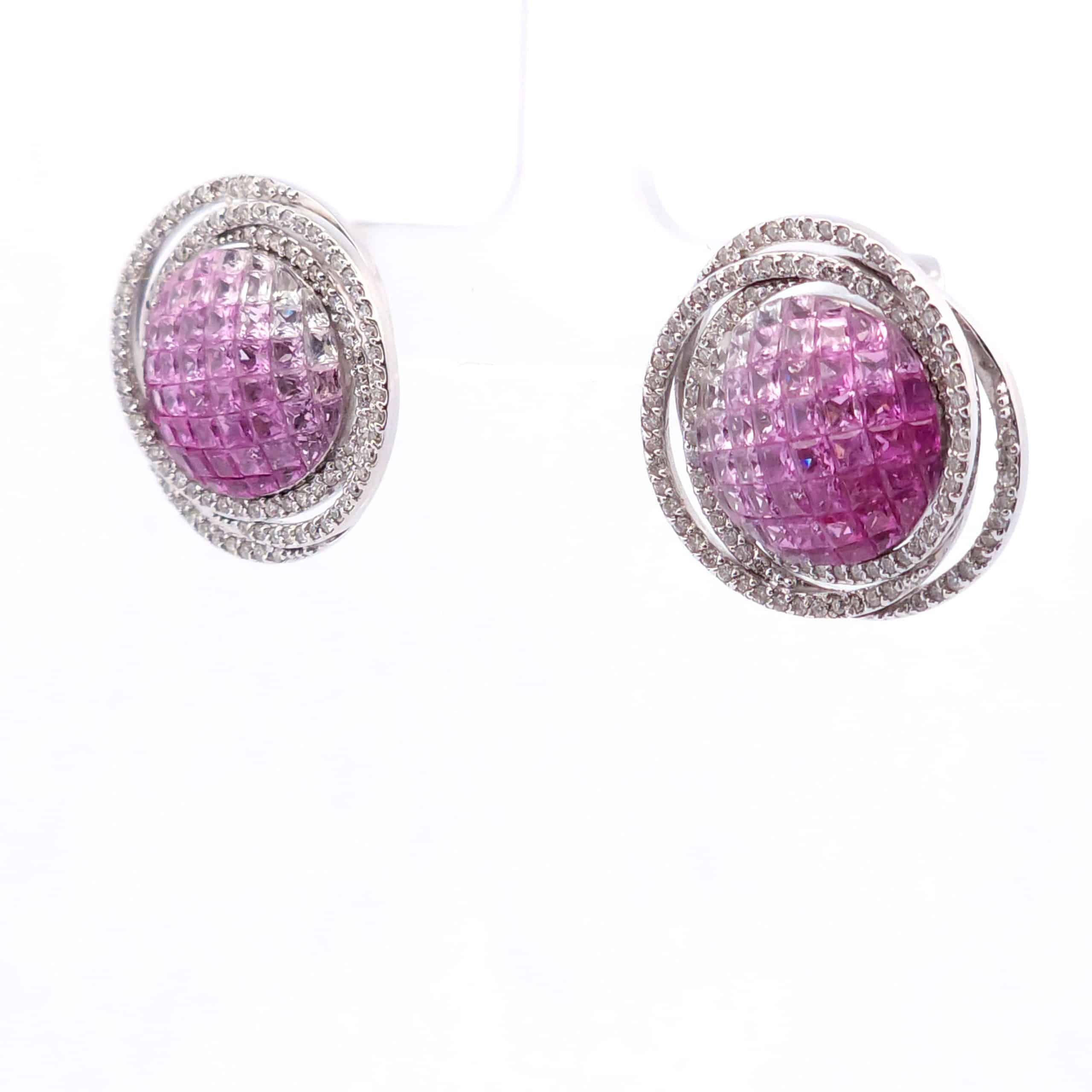 6 1/2 Carat Pink Sapphire Saturn Earrings in 18K White Gold