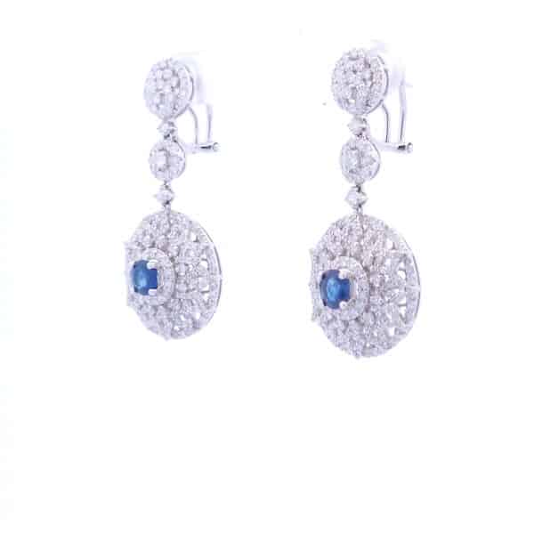 Fancy Designer Sapphire Dangle Earrings in 18K White Gold
