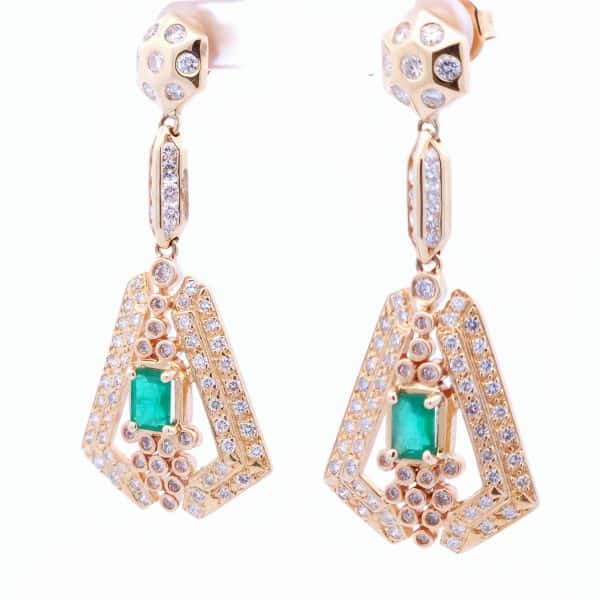 2 1/4 Carat Emerald Dangle Earrings in 14K Yellow Gold