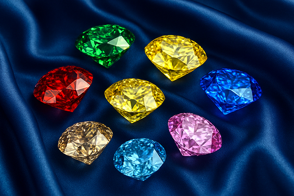 colored diamonds on blue silk fabric