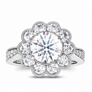 Use these with a different holiday keyword mix: Alternative Text: White gold floral diamond halo semi-mount engagement ring