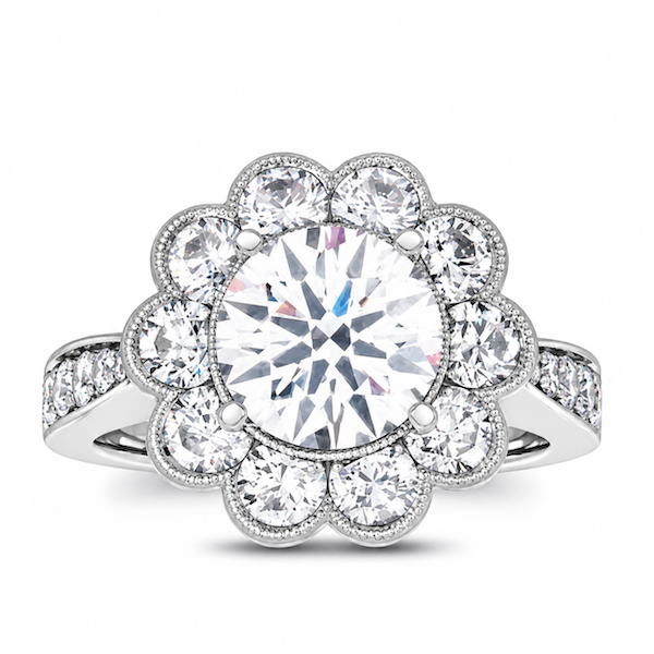 Use these with a different holiday keyword mix: Alternative Text: White gold floral diamond halo semi-mount engagement ring