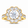 Yellow gold diamond halo semi-mount engagement ring with floral halo design