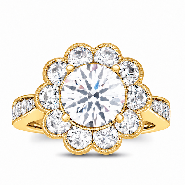 Yellow gold diamond halo semi-mount engagement ring with floral halo design