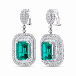 16 1/2 Carat Lab Emerald Earrings in 18K White Gold
