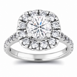 Round diamond halo engagement ring with diamond-accented band
