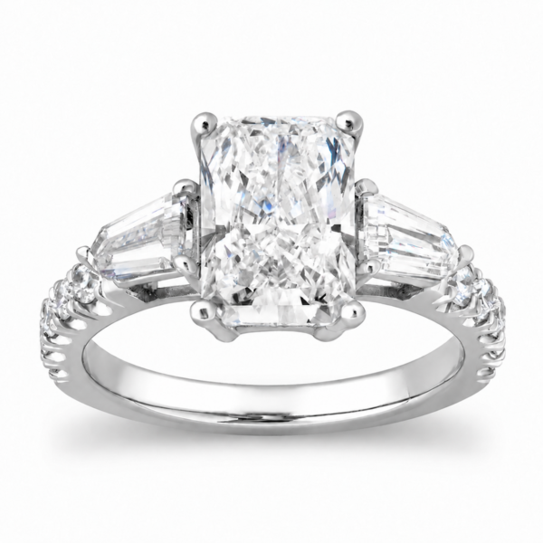 radiant-cut three-stone diamond engagement ring in white gold