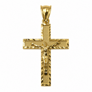 Yellow gold crucifix cross pendant for Christmas gifts, holiday jewelry shopping, and stocking stuffers